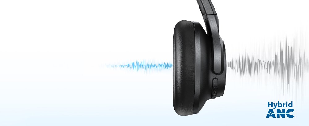 Black over-ear headphones with visible ear cup. Blue and gray sound wave graphics shown, suggesting noise cancellation or audio technology feature.